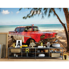 Fototapete mit einem Retro-Auto in Kuba am Meer, lebendig und farbenfroh, geeignet für ein Büro.