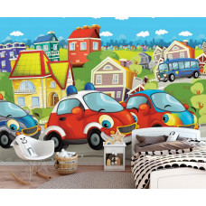 Eine Fototapete mit Autos und Feuerwehrautos in fröhlichen Farben für das Baby- und Kinderzimmer.