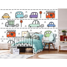 Eine Fototapete mit Autos für Kinder im Kinderzimmer und Babyzimmer.