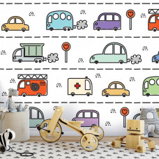 Eine Fototapete mit Autos für Kinder im Kinderzimmer und Babyzimmer.