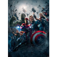 Fototapete Avengers Age of Ultron Movie Poster mit Iron Man, Captain America, Thor, Hulk, Black Widow, Hawkeye und Nick Fury in einer epischen Schlacht.