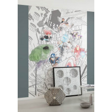 Eine Fototapete mit den Avengers in Angriffspose im Kinderzimmer.