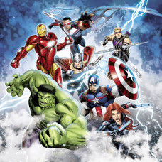 Marvel Avengers Fototapete mit Iron Man, Hulk, Thor, Captain America, Black Widow, Hawkeye und Falcon in einer dynamischen Actionszene.