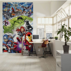 Fototapete Avengers Protect im Gaming-Zimmer mit Iron Man, Hulk, Thor, Captain America, Black Panther und weiteren Marvel Helden in einer actionreichen Kampfszene.