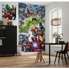 Fototapete Avengers Protect im Kinderzimmer mit Iron Man, Hulk, Thor, Captain America und weiteren Marvel Superhelden vor einem dynamischen Hintergrund.