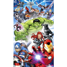 Marvel Avengers Fototapete mit Iron Man, Hulk, Thor, Captain America, Black Widow, Black Panther und weiteren Superhelden in einer farbenfrohen Actionszene.