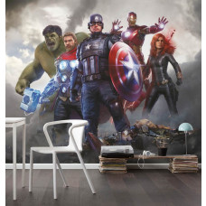 Fototapete Avengers Gemeinsam Gegen Das Böse im Kinderzimmer mit Hulk, Thor, Captain America, Iron Man und Black Widow vor einer actionreichen Marvel Kulisse.
