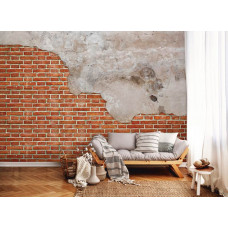 Eine industrielle Fototapete von einer roten Ziegelwand mit Betonelementen im Wohnzimmer.