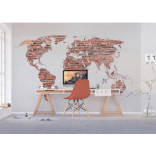 Eine Fototapete mit einer Weltkarte im Ziegelsteinmotiv, ideal für die Schaffung einer rauen und weltlichen Atmosphäre in einem Büro.