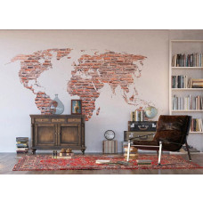 Eine Fototapete mit einer Weltkarte im Ziegelsteinmotiv, perfekt für einen zeitgenössischen Look in einem Wohnzimmer.