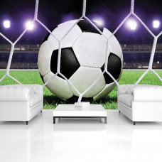 Eine Fototapete mit einem Fußball im Tor eines Stadions, perfekt für ein Schlafzimmer oder Kinderzimmer.