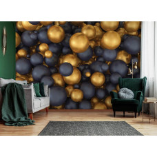 Fototapete im Wohnzimmer mit glänzenden goldenen Kugeln im 3D-Stil und schwarzen Akzenten für ein stilvolles Interieur.