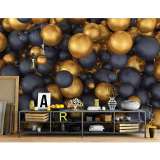 Fototapete im Büro mit eleganten goldenen und schwarzen 3D-Kugeln, die einen modernen und professionellen Akzent setzen.