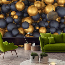 Fototapete im Wohnzimmer mit goldenen und schwarzen Kugelformen in 3D auf dunklem Hintergrund für eine edle Ausstrahlung.