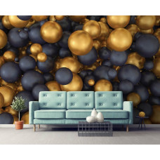 Fototapete im Wohnzimmer mit einem dynamischen Muster aus goldenen und schwarzen 3D-Kugeln für einen eleganten, modernen Look.
