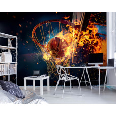 Eine Fototapete mit einem Basketball in Flammen, ideal für ein Spielzimmer.