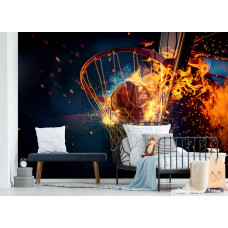 Eine Fototapete mit einem Basketball in Flammen, geeignet für ein Kinderzimmer.