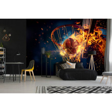 Eine Fototapete mit einem Basketball in Flammen, perfekt für ein Jugendzimmer.