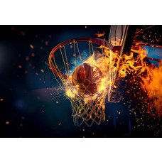 Fototapete mit einem Basketball mit feurigen Effekten, in einer intensiven und sportlichen Umgebung.