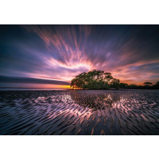 Schöner Strand mit Ebbe und nassem Sand, wo die Wellen sanft gegen das Ufer rollen, Fototapete, die Frieden und Ruhe ausstrahlt.