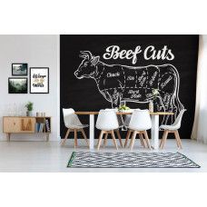 Eine Fototapete einer Kreidetafel mit Fleischstücken von Kuh für den Speisesaal.