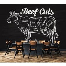 Eine Fototapete mit einem Kreidetafel-Design von Kuhfleisch für Restaurants und Cafés in der Küche.