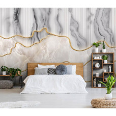 Eine Fototapete mit beigem und grauem Marmor mit einem goldenen abstrakten Design, ideal für ein Schlafzimmer.
