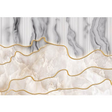 Fototapete aus beigem und grauem Marmor mit goldenen abstrakten Details, für eine moderne Einrichtung.