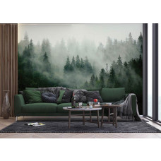 Fototapete Bergwald im Morgennebel in einem Wohnzimmer.