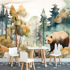 Eine Fototapete mit Bären in einer Waldlandschaft, dargestellt in sanften Aquarellfarben, perfekt für ein Kinderzimmer.