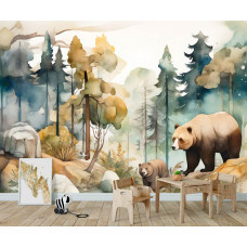 Eine Fototapete mit Bären in einem Wald, gemalt im Aquarellstil, ideal für ein Kinderzimmer.
