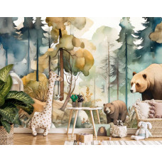 Eine Kindertapete mit Wasserfarben-Illustrationen von Bären und Waldtieren, entworfen für ein Babyzimmer oder Kinderzimmer.