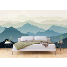 Ein Fototapet von einer bergigen Landschaft mit Illustrationen in einem Schlafzimmer.