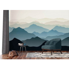 Ein Fototapet von einer bergigen Landschaft mit Illustrationen in einem Wohnzimmer.