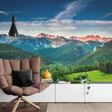Eine Fototapete mit einer panoramischen Berglandschaft mit natürlichem Charme, ideal für ein Wohnzimmer.