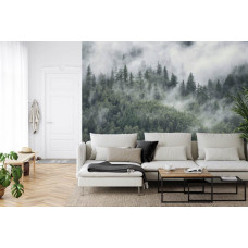 Eine Fototapete mit einer Berglandschaft mit Nebel und hohen Bäumen in einem Wohnzimmer.