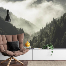 Eine Fototapete mit einer bezaubernden, nebelverhangenen Berglandschaft, perfekt für ein Wohnzimmer.