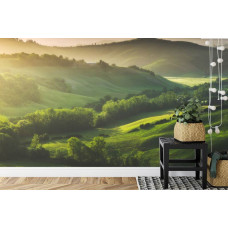 Fototapete mit einer malerischen Berglandschaft mit hohen Gipfeln, geeignet für eine Küche.