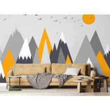 Fototapete Berglandschaft mit Vögeln und Sonne im Wohnzimmer.