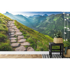 Eine Fototapete mit einem gewundenen Bergpfad entlang beeindruckender Berggipfel, ideal für eine Küche.