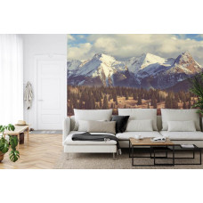 Eine Fototapete mit einer beeindruckenden Landschaft aus Bergen und Wäldern, geeignet für ein Wohnzimmer.
