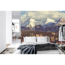 Eine Fototapete mit einer ruhigen Aussicht auf Berggipfel und Waldlandschaften, ideal für ein Schlafzimmer.