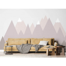 Ein Fototapet von Berggipfeln mit einer Illustration von Bergen in einem Wohnzimmer.