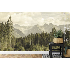 Eine Fototapete mit einer atemberaubenden Landschaft von Tälern und Wäldern, perfekt für ein Schlafzimmer.