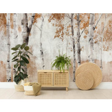 Eine Fototapete mit Birken in Aquarell, geeignet für einen Flur und ein Wohnzimmer.