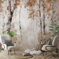 Eine Fototapete mit Birken in Aquarell, geeignet für ein Wohnzimmer.