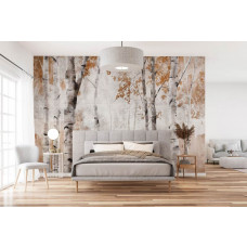 Eine Fototapete mit Birken in Aquarell, perfekt für ein Schlafzimmer.