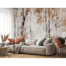 Eine Fototapete mit Birken in einem kunstvollen Aquarell-Design, ideal für ein Wohnzimmer.