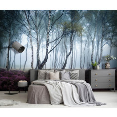Fototapete eines Birkenwaldes mit Blumen und Nebel, ideal für das Schlafzimmer.