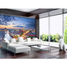 Eine Fototapete der Stadt Berlin mit ikonischen Gebäuden und Denkmälern.